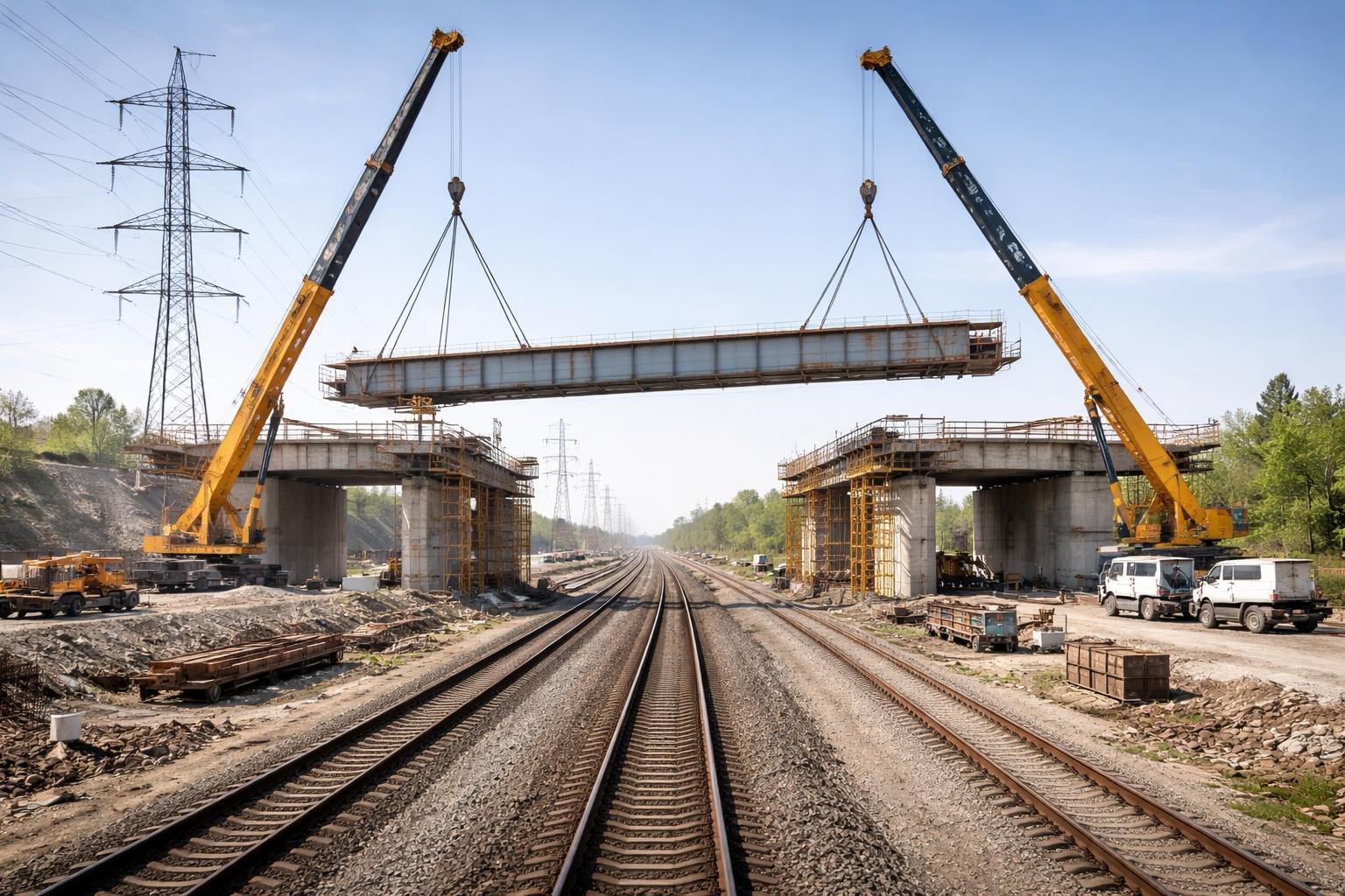 Un nou pas în A7: montarea grinzilor peste linia de înaltă tensiune la podul Nicolae Bălcescu
